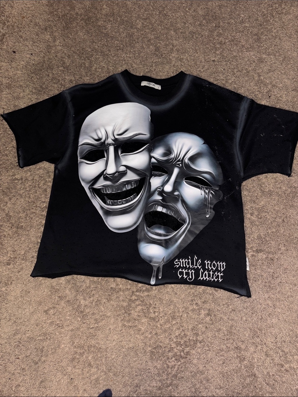 Black Short Sleeve Graphic Tee with Theater Mask Print